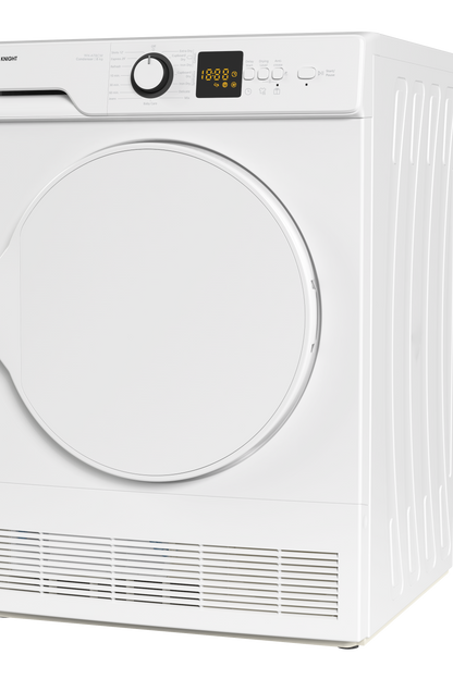 White tumble dryer with digital display on a white background