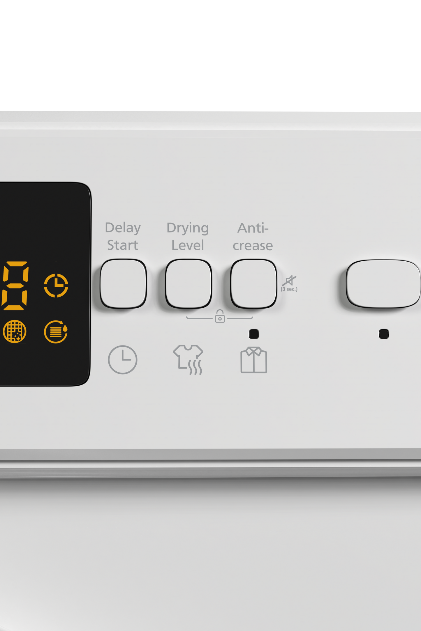 Control panel of a dryer with digital display and buttons on a white background