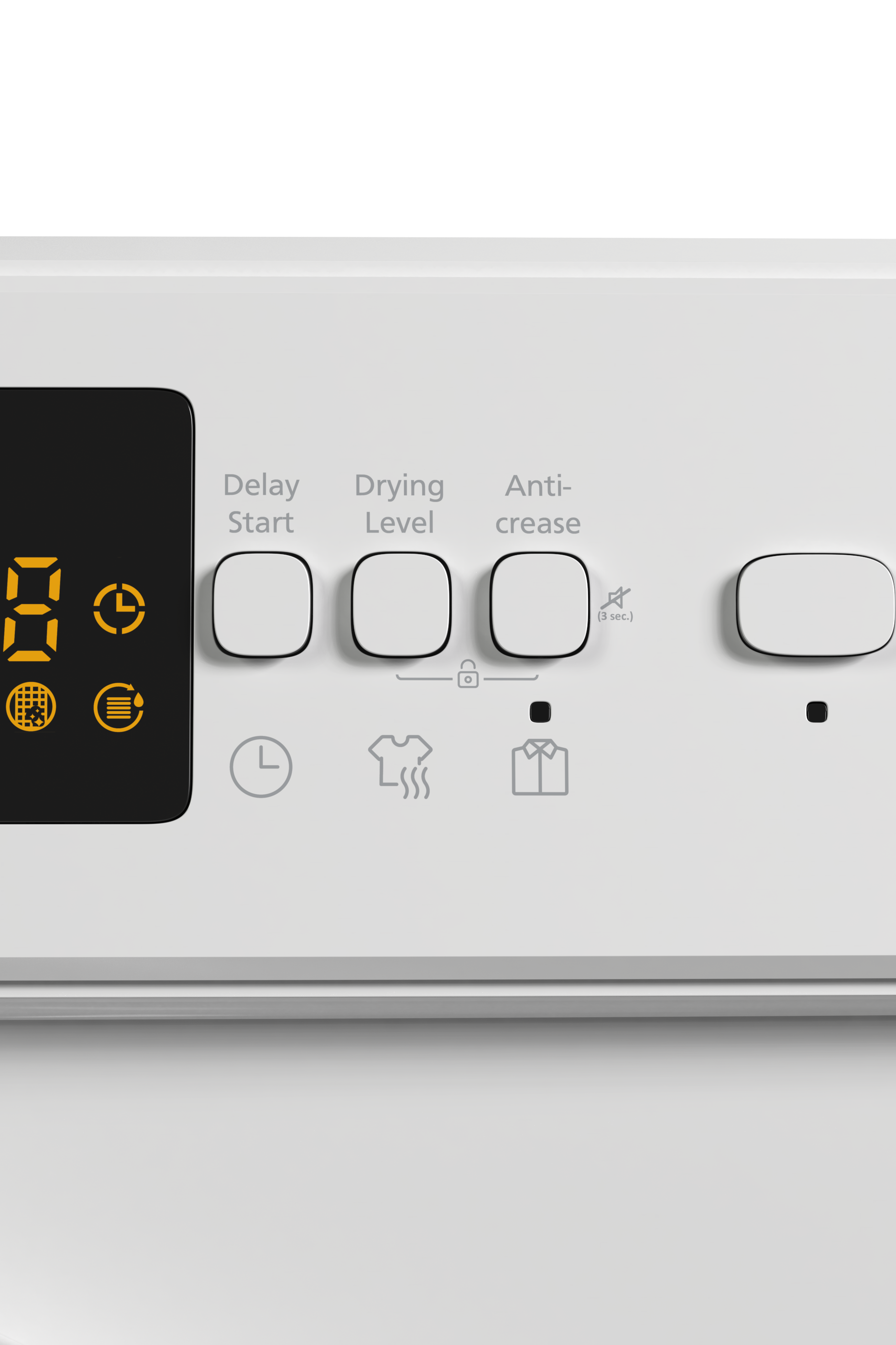 Control panel of a dryer with digital display and buttons on a white background