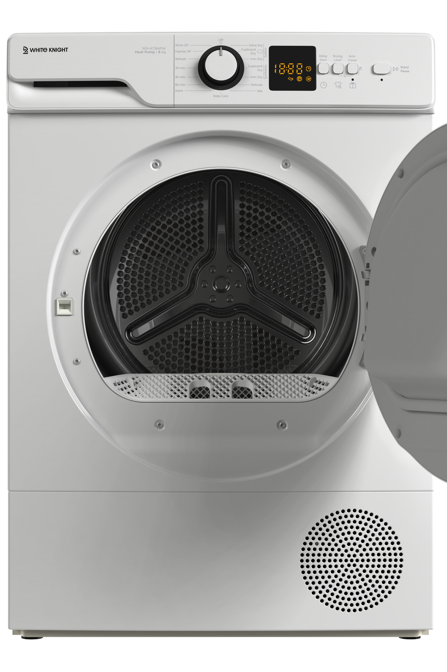 White dryer with open door on a white background