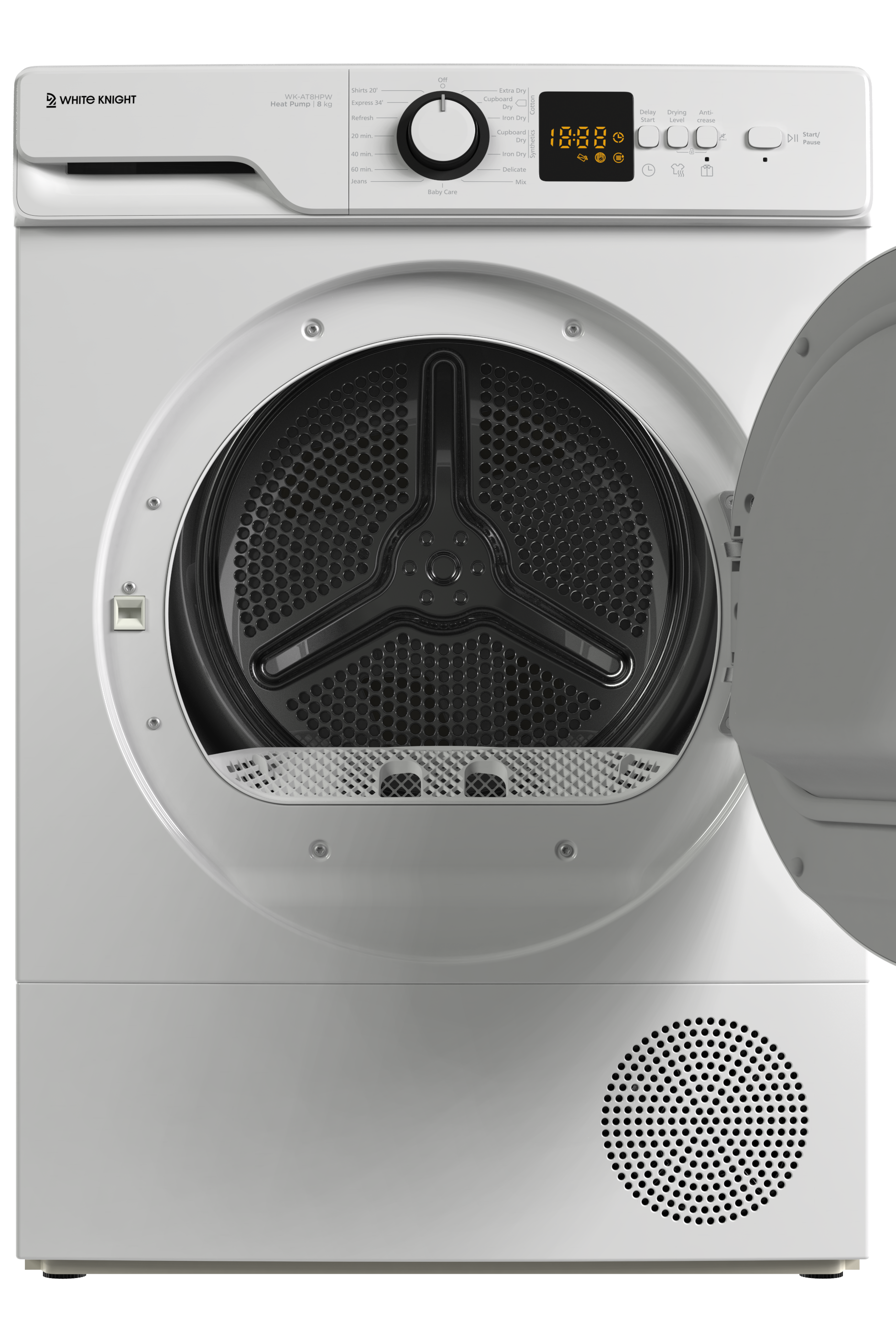 White dryer with open door on a white background