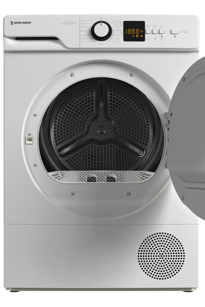 White dryer with open door on a white background