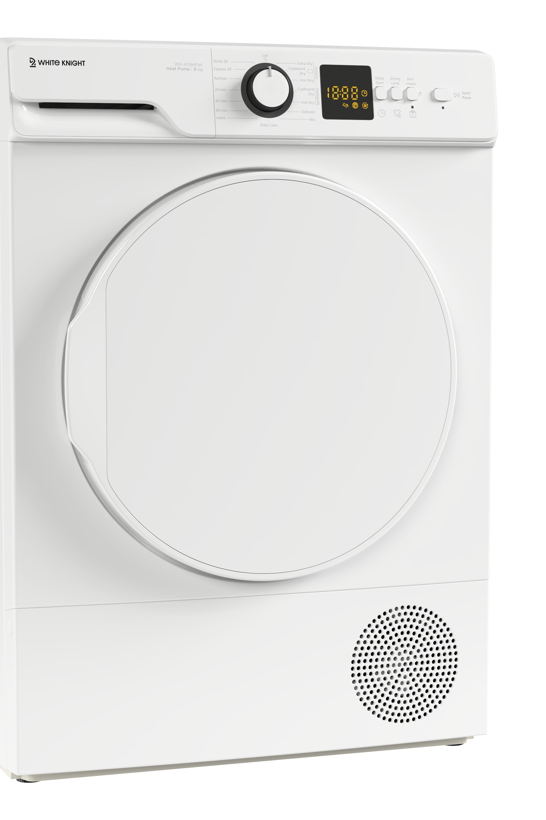 White tumble dryer with brand logo on a white background