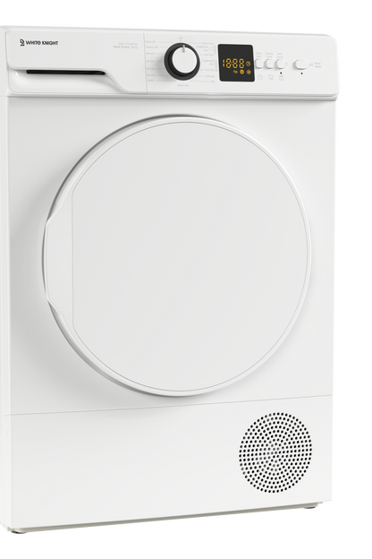 White tumble dryer with brand logo on a white background