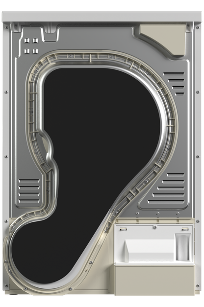 Back view of a washing machine with black interior and metallic exterior on a white background