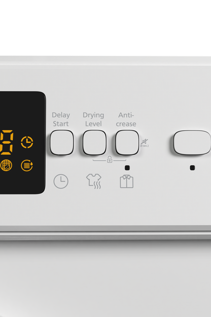 Control panel of a white dryer with digital display and buttons.