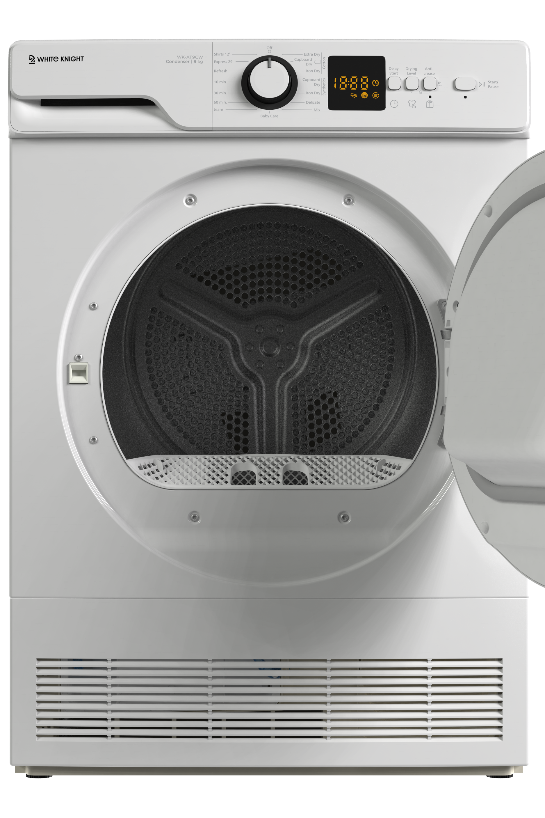 White dryer with open door on a white background
