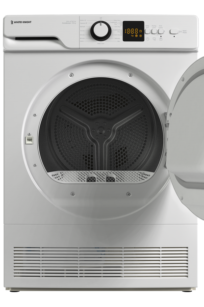 White dryer with open door on a white background