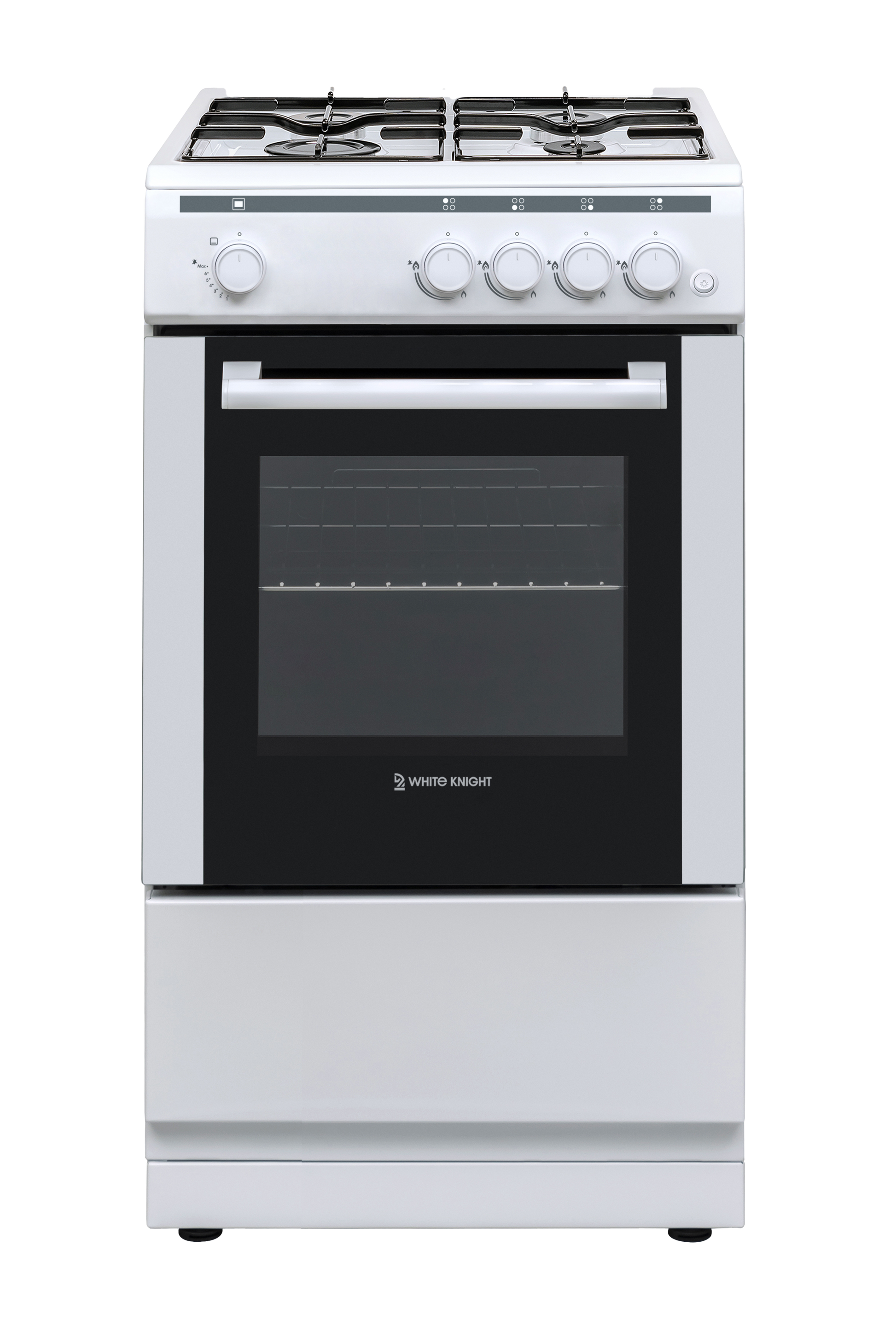 White gas stove with black glass door on a white background