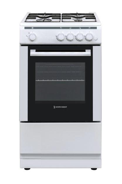 White gas stove with black glass door on a white background