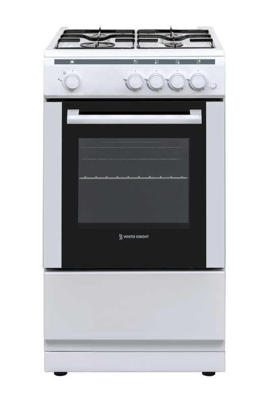 White gas stove with black glass door on a white background