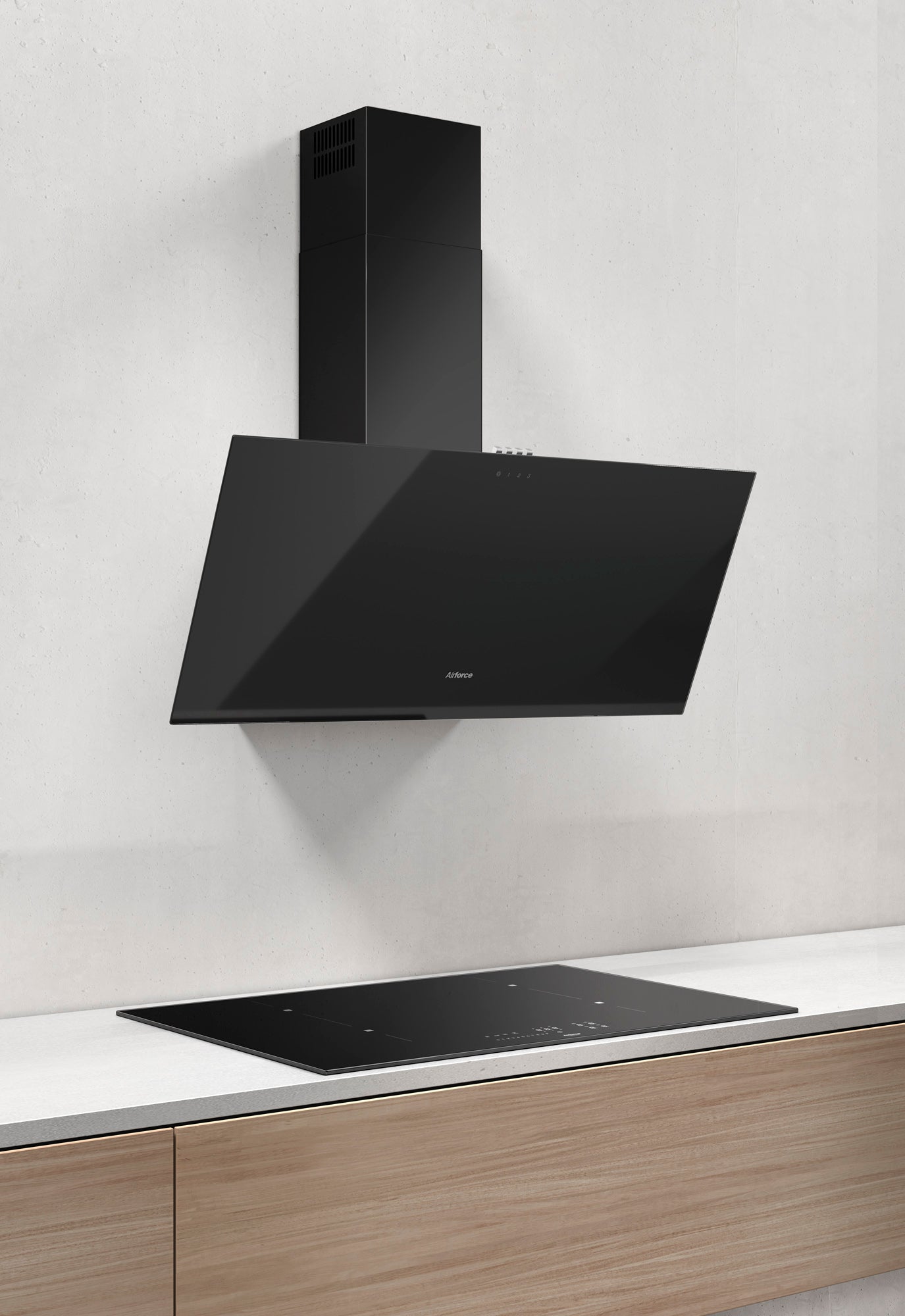Light Gray Airforce Alpha 50cm Vertical Inclined Wall Mounted Cooker Hood with Button Controls Black Glass Finish