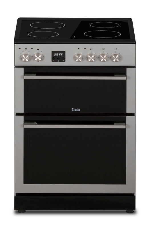 Stainless steel electric cooker with digital display on a white background