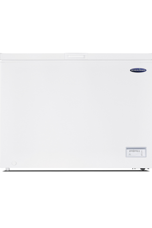 White freezer with a brand logo on a white background