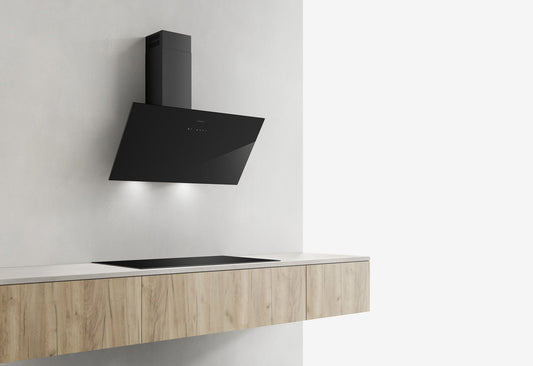 White Smoke Airforce CLIO 80cm Vertical Inclined Cooker Hood with Touch Control in Black Glass Finish