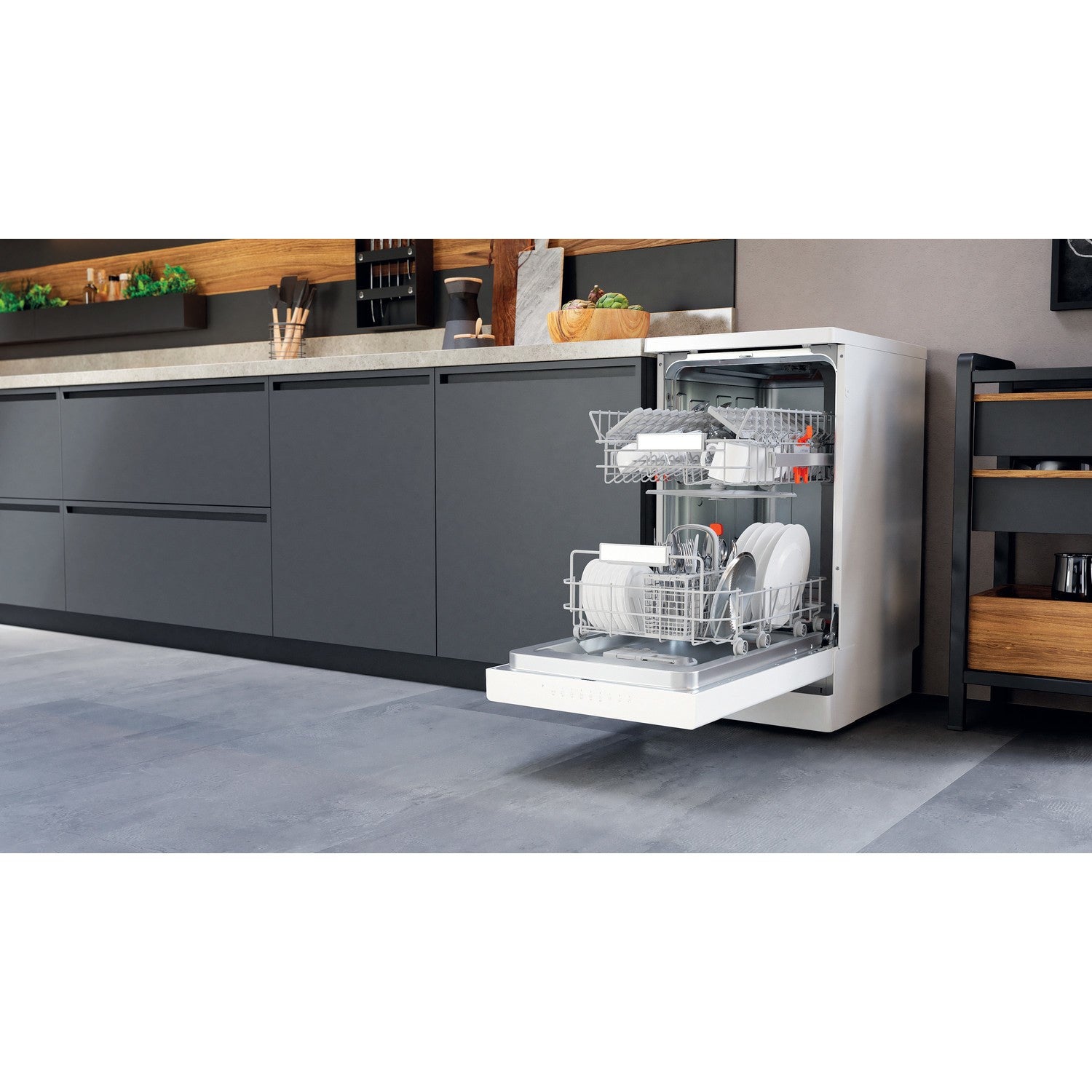 Dark Gray Hotpoint 3D Zone Wash Freestanding Slimline Dishwasher - White
