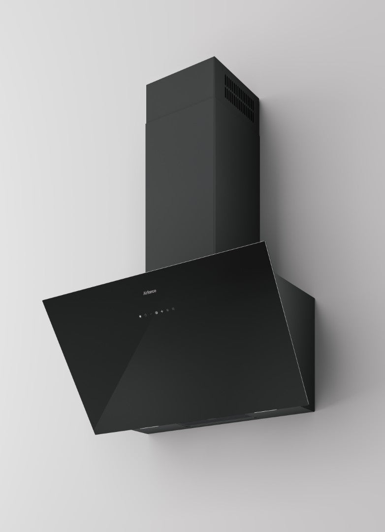 Light Gray Airforce OMEGA 60cm Vertical Inclined Cooker Hood with Touch Control Black Glass Finish