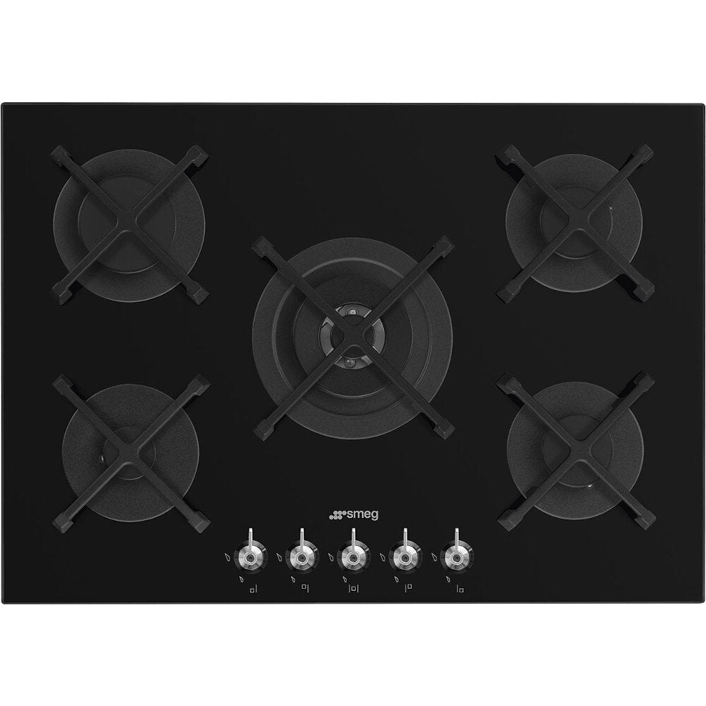 Black SMEG Classic Hob, 5 Burner, Gas on Glass, 750 mm
