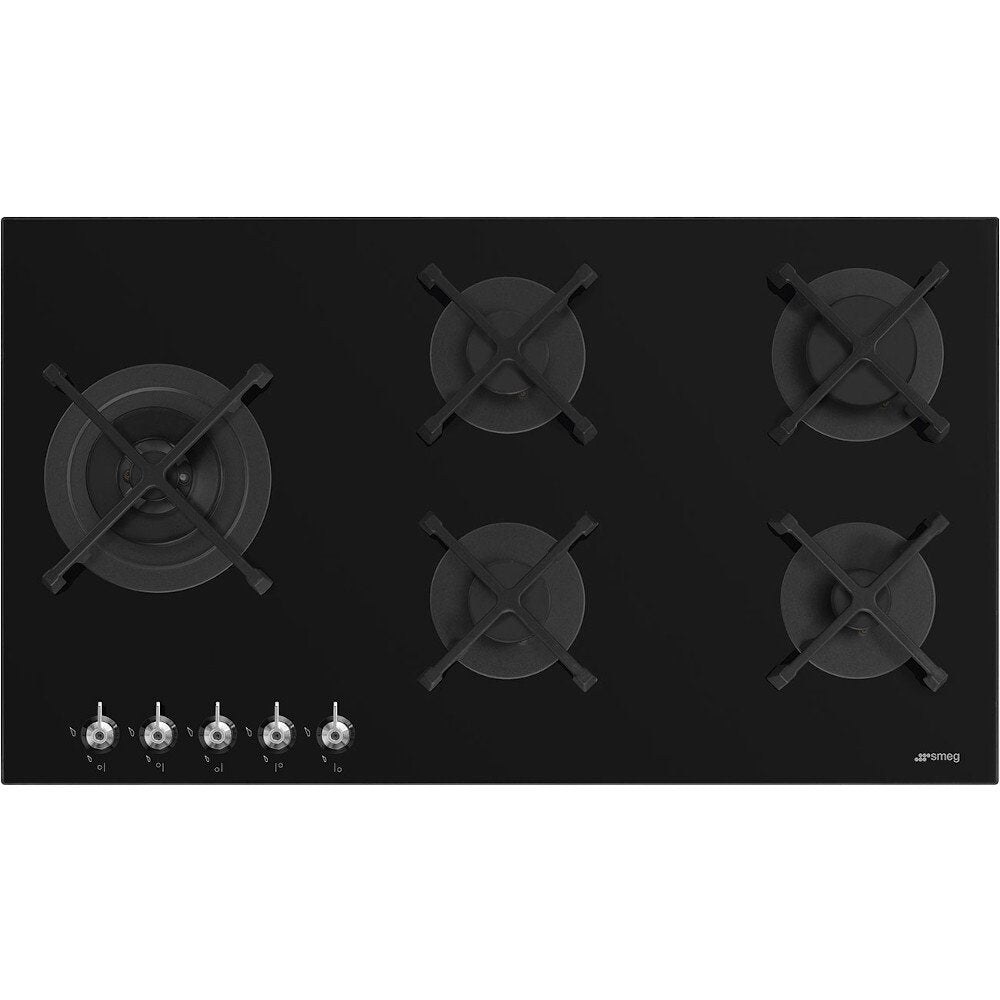 Black SMEG Classic Hob, 5 Burner Gas on Glass, 900 mm