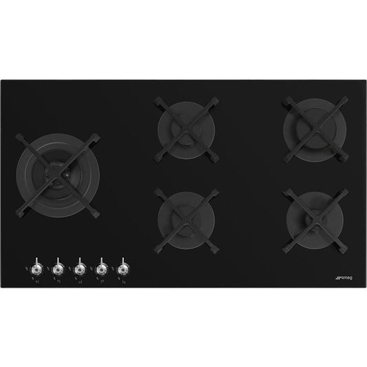 Black SMEG Classic Hob, 5 Burner Gas on Glass, 900 mm
