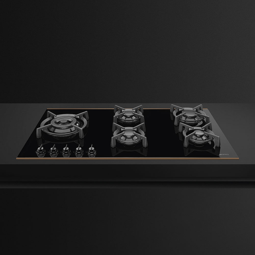 Smeg Dolce Stil Novo 90cm Five Burner Gas on Glass Hob - Black with Copper Trim - Core Appliances