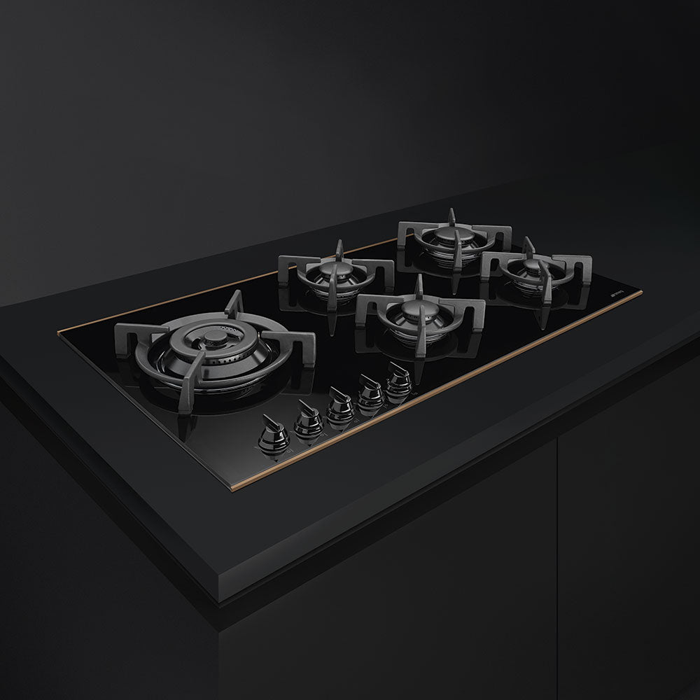 Smeg Dolce Stil Novo 90cm Five Burner Gas on Glass Hob - Black with Copper Trim - Core Appliances