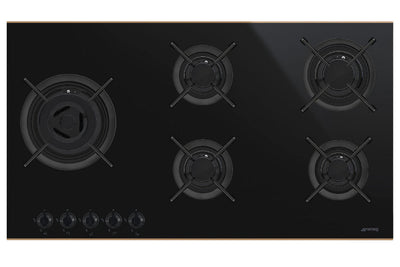 Smeg Dolce Stil Novo 90cm Five Burner Gas on Glass Hob - Black with Copper Trim