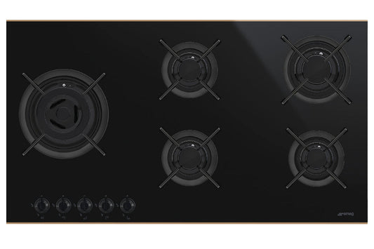 Black Smeg Dolce Stil Novo Hob, Gas on Glass Ceramic with Five Burners, 900 mm