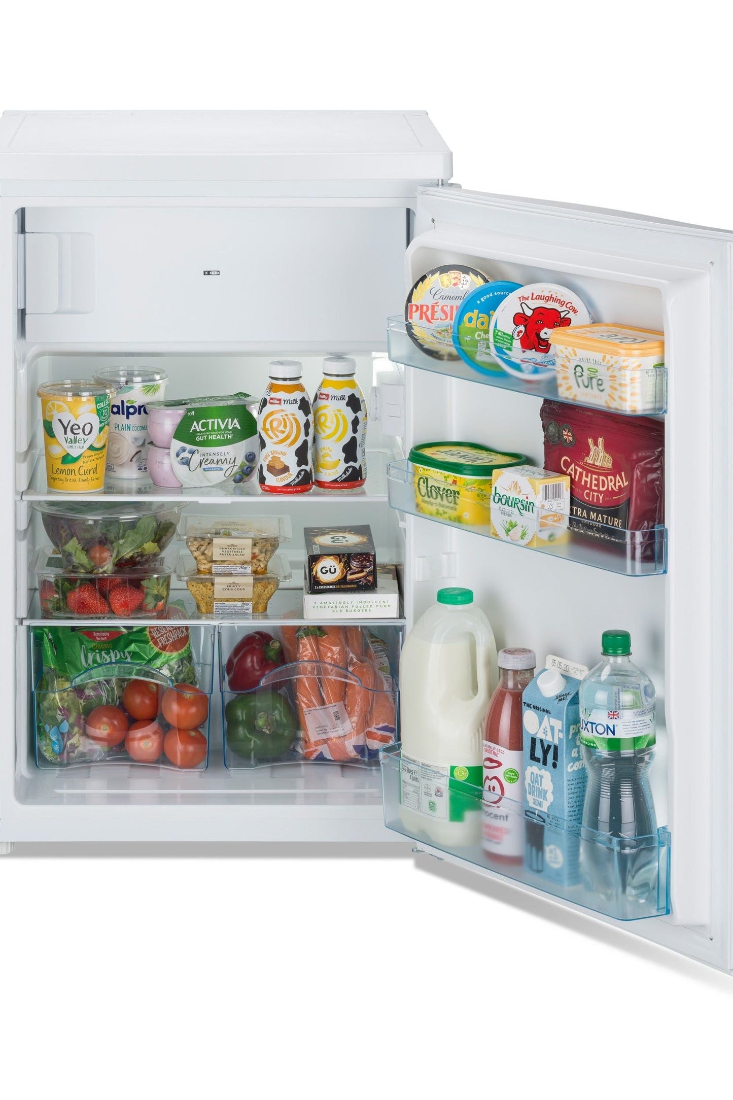 Open refrigerator with various food items on a white background