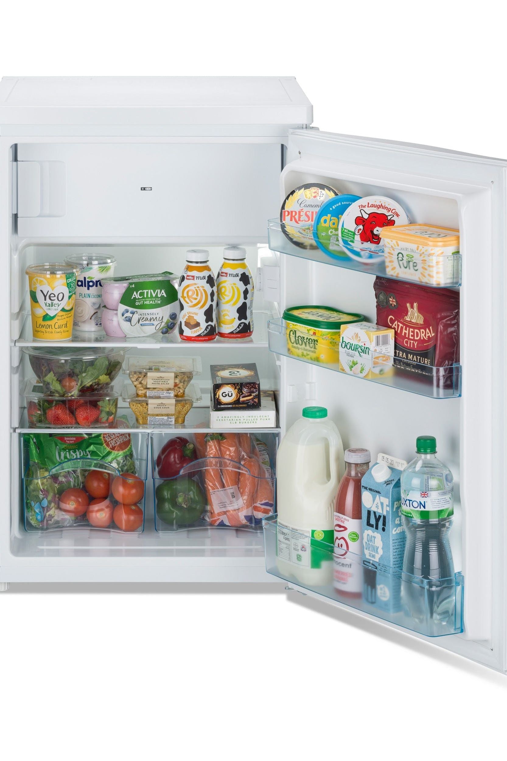 Open refrigerator with various food items on a white background