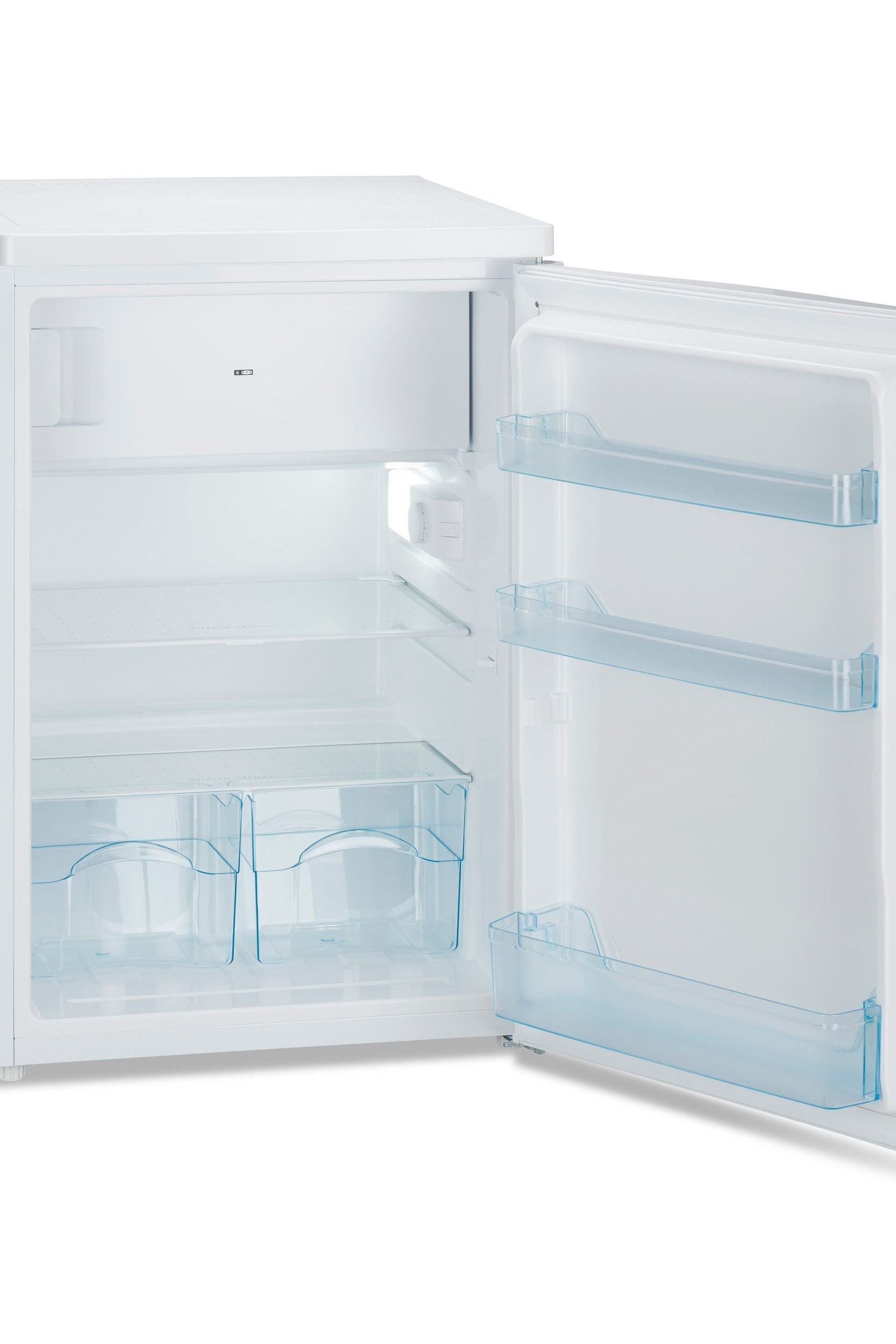 Small refrigerator with open door on a white background