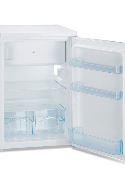 Small refrigerator with open door on a white background