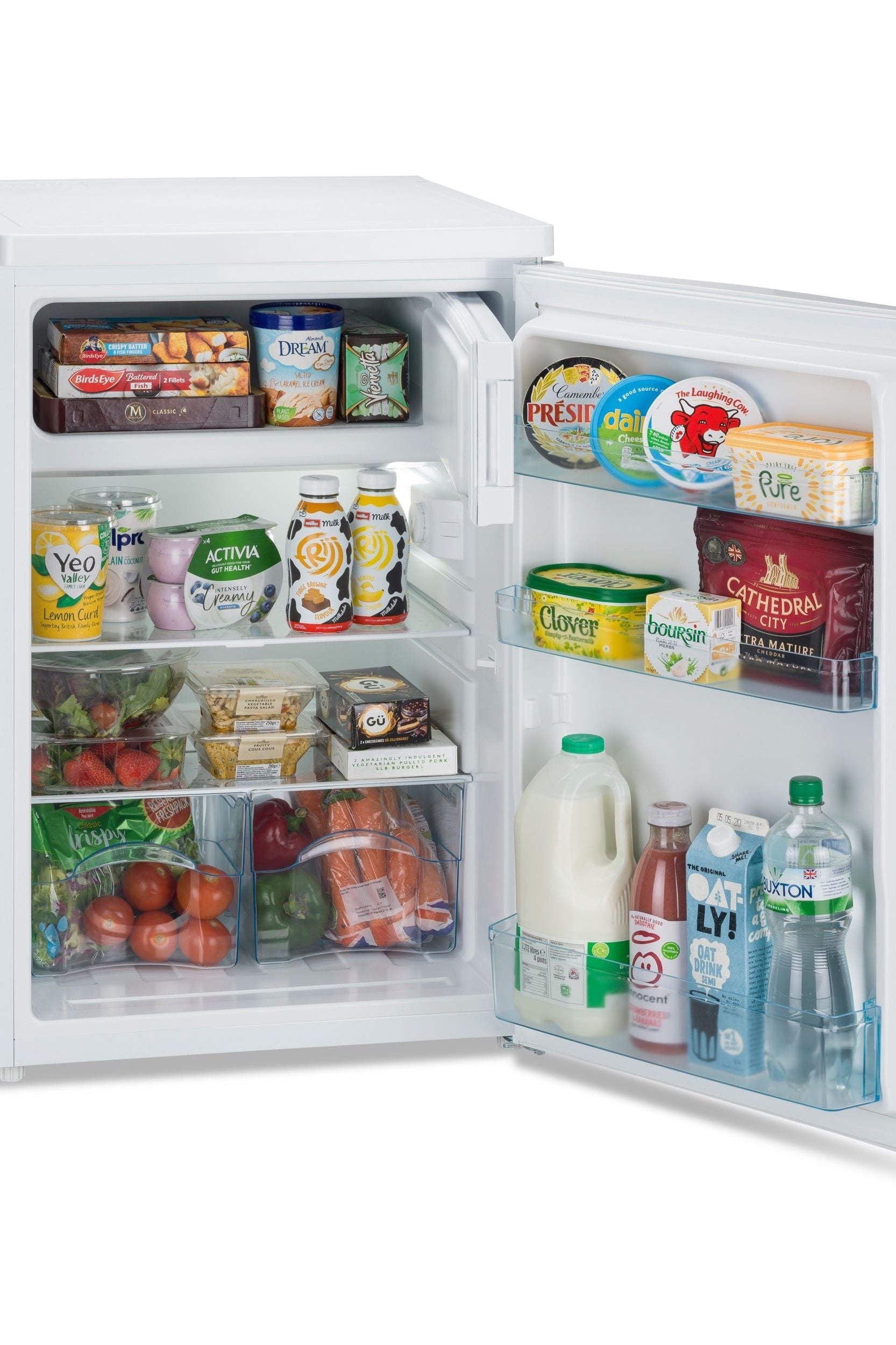 Small refrigerator with open door displaying various food items on a white background