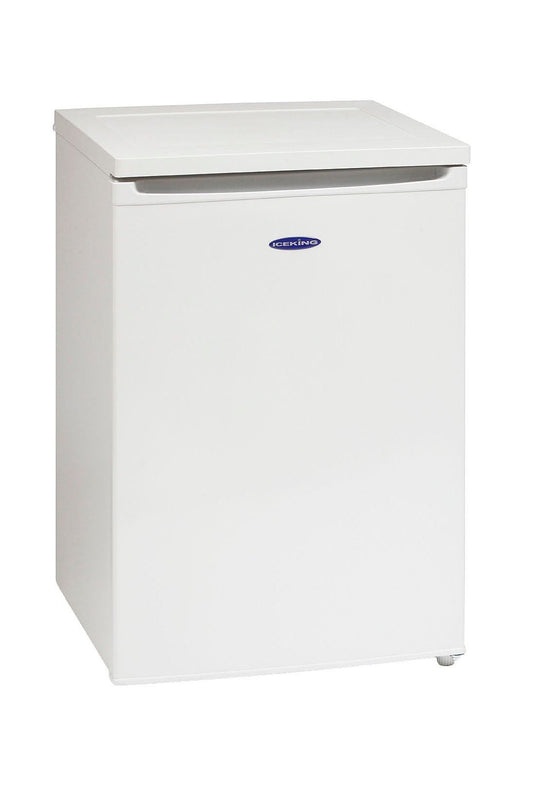 White freezer with a brand logo on a white background