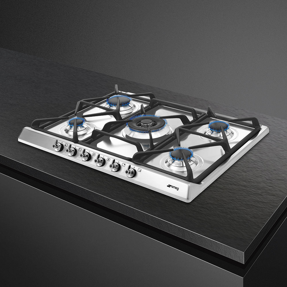Smeg Classic 69cm Five Burner Gas Hob with Cast Iron Pan Stands - Stainless Steel - Core Appliances