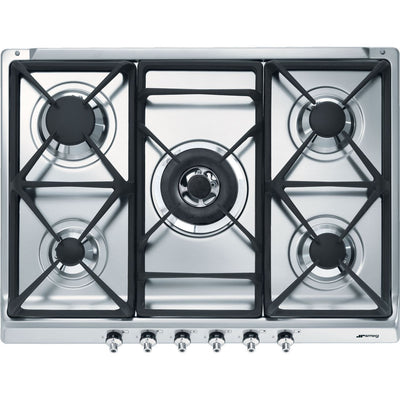 Smeg Classic 69cm Five Burner Gas Hob with Cast Iron Pan Stands - Stainless Steel
