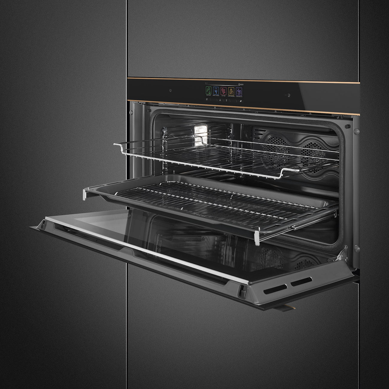 Smeg Dolce Stil Novo 90cm Built-In Pyrolytic Oven - Black with Copper Trim