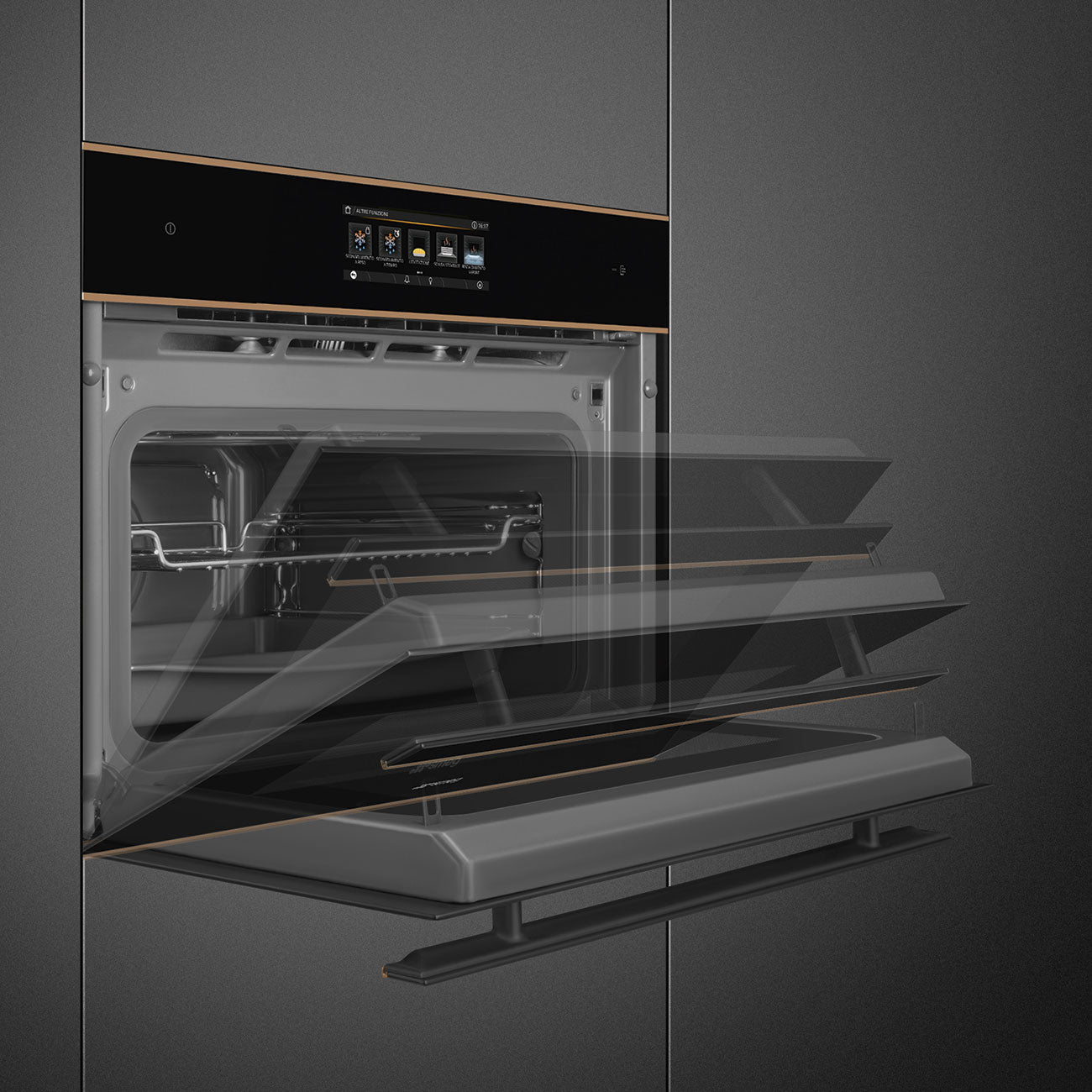 Smeg Dolce Stil Novo 45cm Galileo Omnichef Compact Steam Oven - Black with Copper Trim