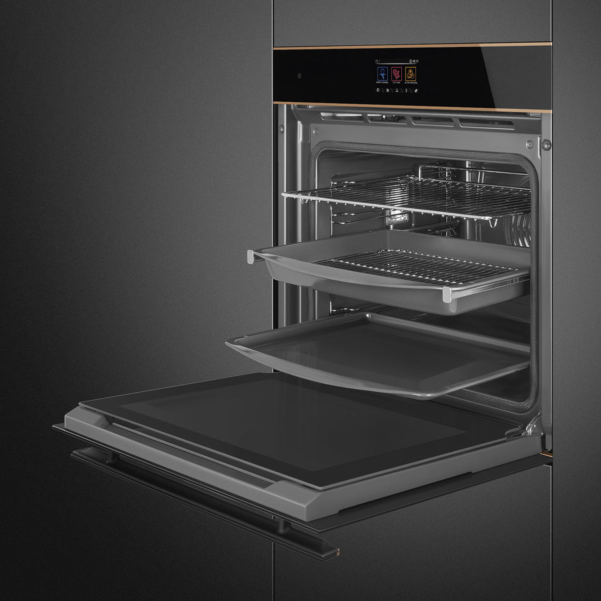 Smeg Dolce Stil Novo 60cm SteamOne Built-In Single Oven - Black with Copper Trim - Core Appliances