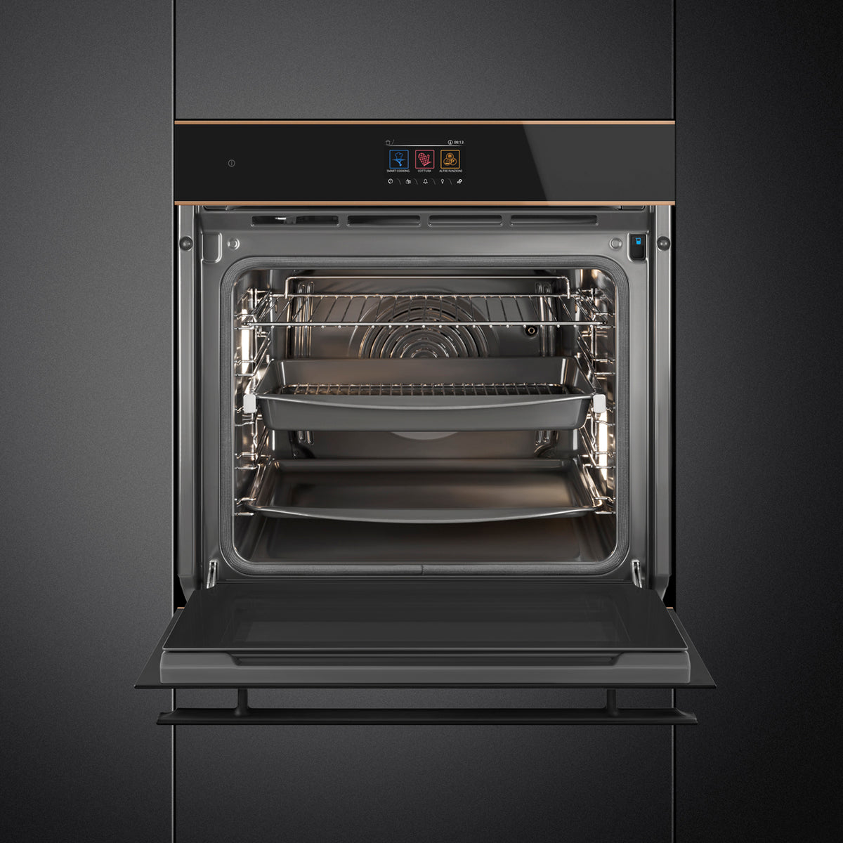 Smeg Dolce Stil Novo 60cm SteamOne Built-In Single Oven - Black with Copper Trim - Core Appliances