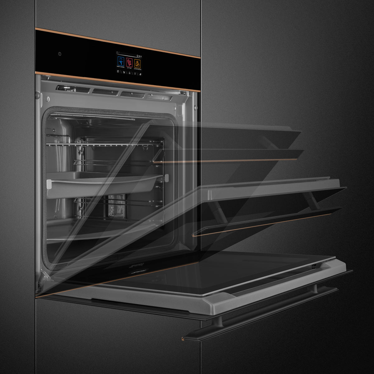 Smeg Dolce Stil Novo 60cm Pyrolytic Multifunction Oven - Black Glass with Copper Trim