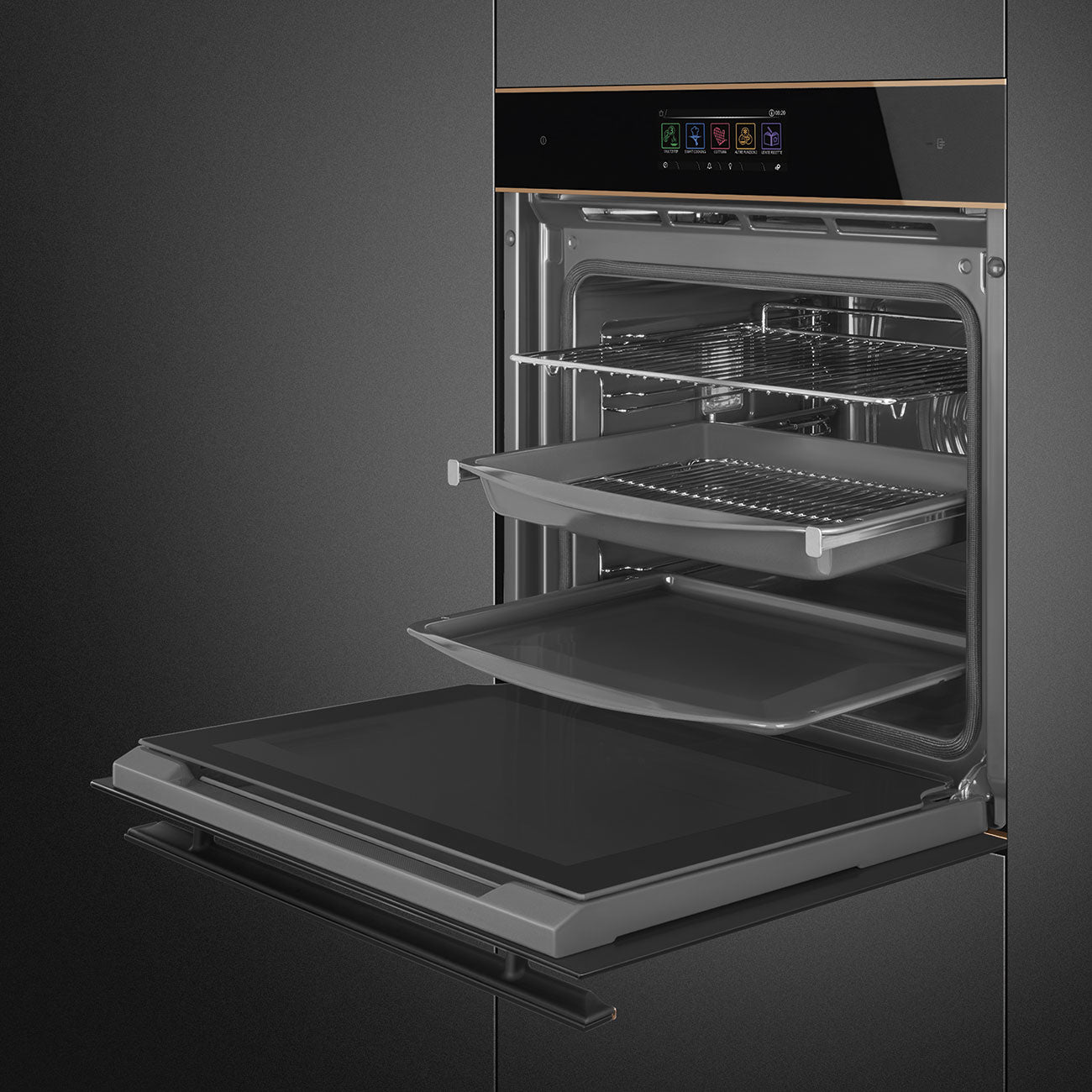Smeg Dolce Stil Novo 60cm Pyrolytic SteamOne Built-In Oven - Black with Copper Trim
