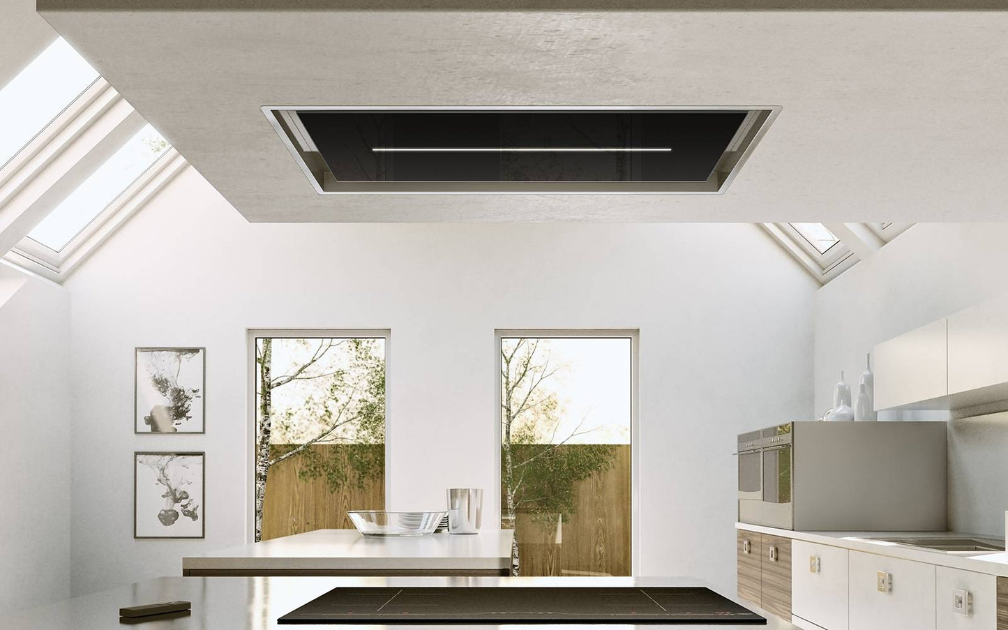 Light Gray Airforce Sinergia 100cm Easy Up Ceiling Mounted Cooker Hood with LED Strip Lighting in Black Glass Finish