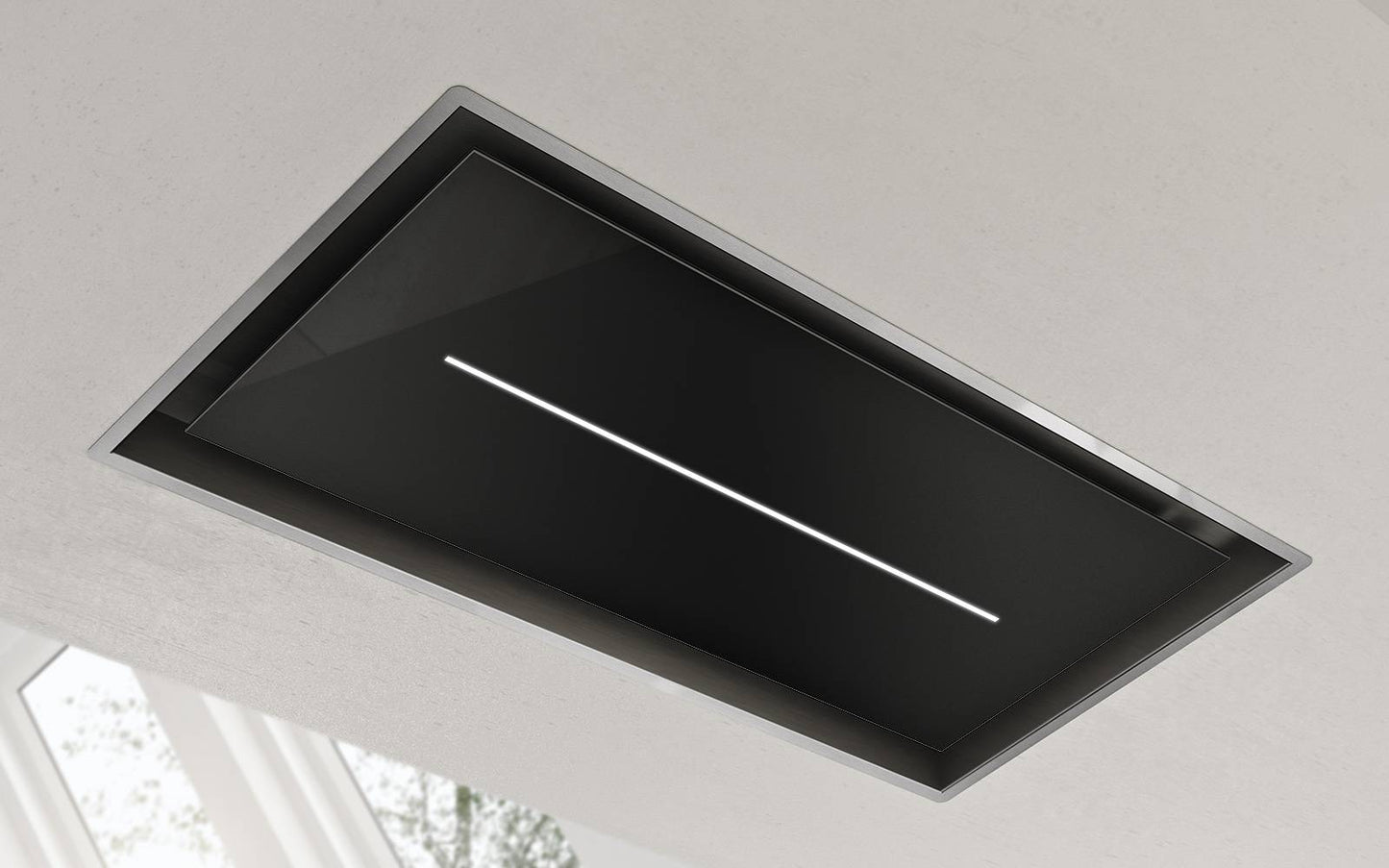 Gray Airforce Sinergia 100cm Easy Up Ceiling Mounted Cooker Hood with LED Strip Lighting in Black Glass Finish