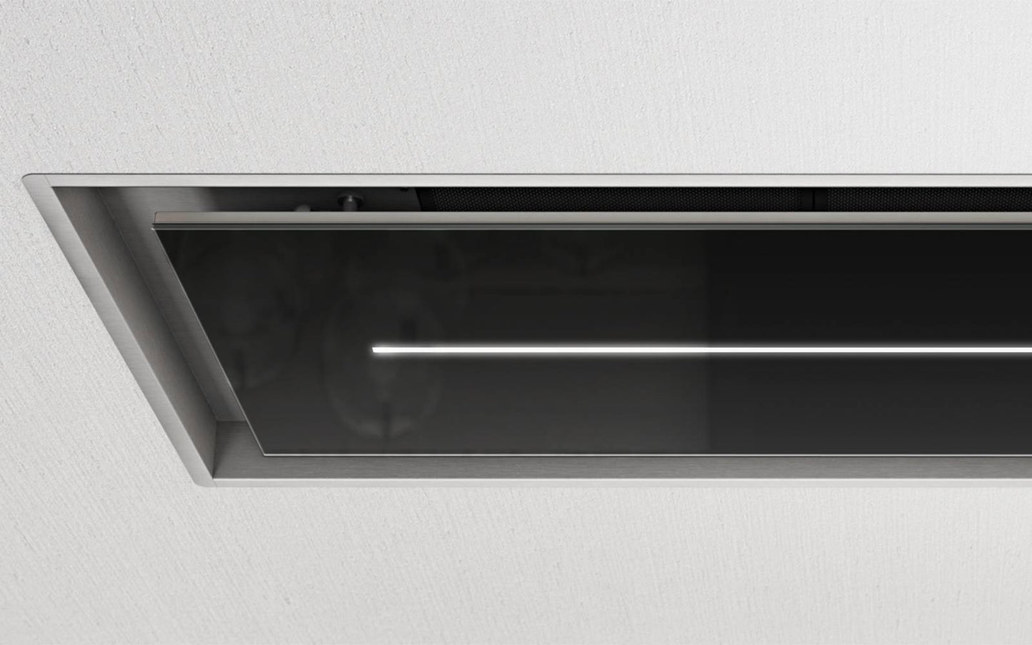 Light Gray Airforce Sinergia 100cm Easy Up Ceiling Mounted Cooker Hood with LED Strip Lighting in Black Glass Finish