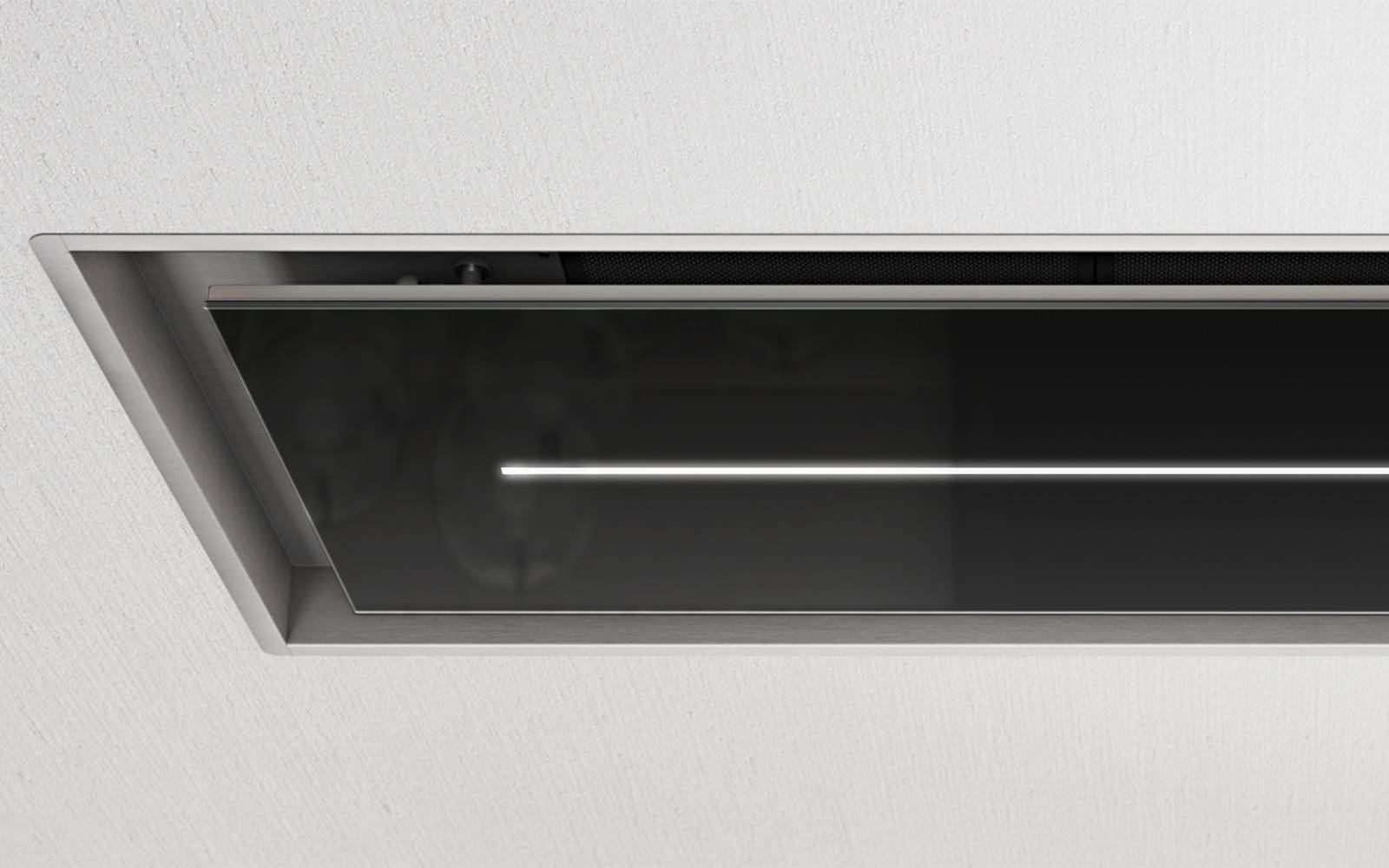 Light Gray Airforce Sinergia 100cm Easy Up Ceiling Mounted Cooker Hood with LED Strip Lighting in Black Glass Finish