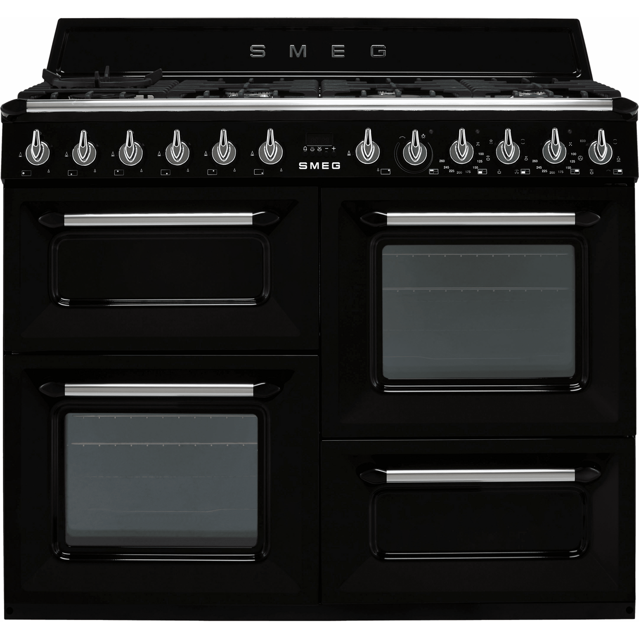 Black SMEG Victoria Cooker, Dual Fuel, Traditional, Four Cavity, Gas Hob, 1100 mm