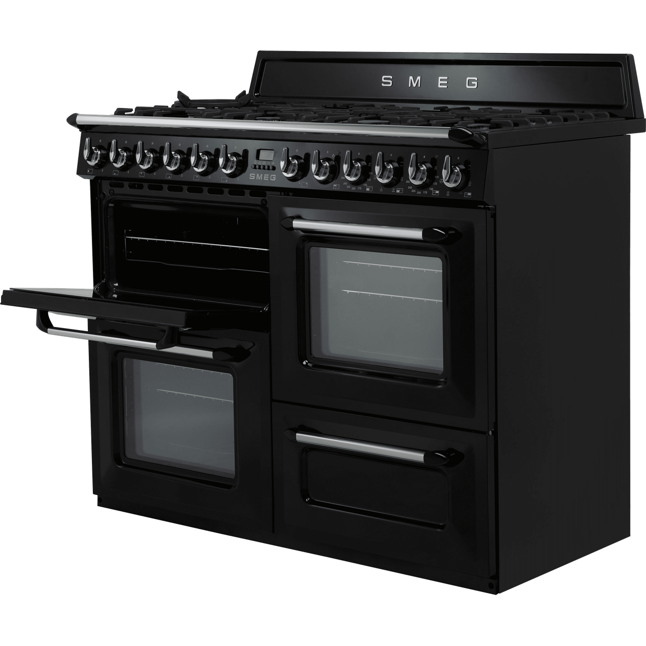 Black SMEG Victoria Cooker, Dual Fuel, Traditional, Four Cavity, Gas Hob, 1100 mm