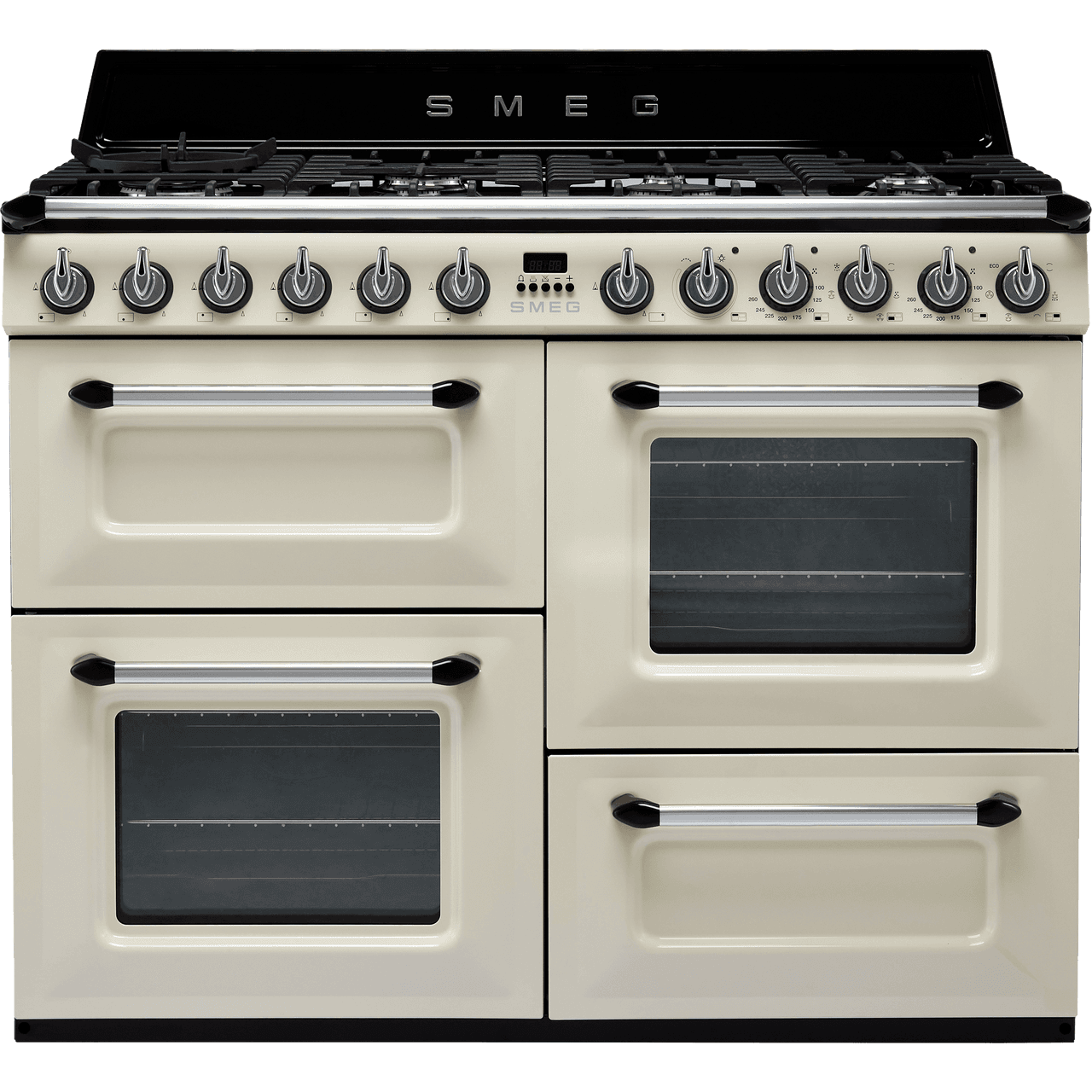 Black SMEG Victoria Cooker, Dual Fuel, Traditional, Four Cavity, Gas Hob, 1100 mm