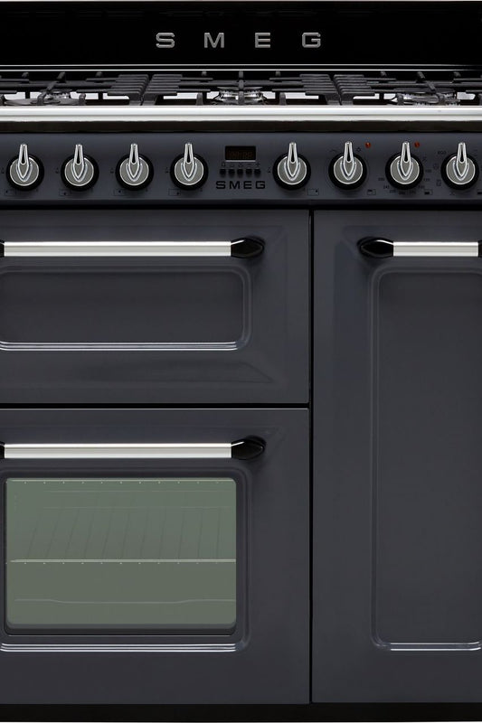 Dark Slate Gray SMEG Victoria Cooker, Dual Fuel, Traditional, Three Cavity, Gas Hob, 900mm